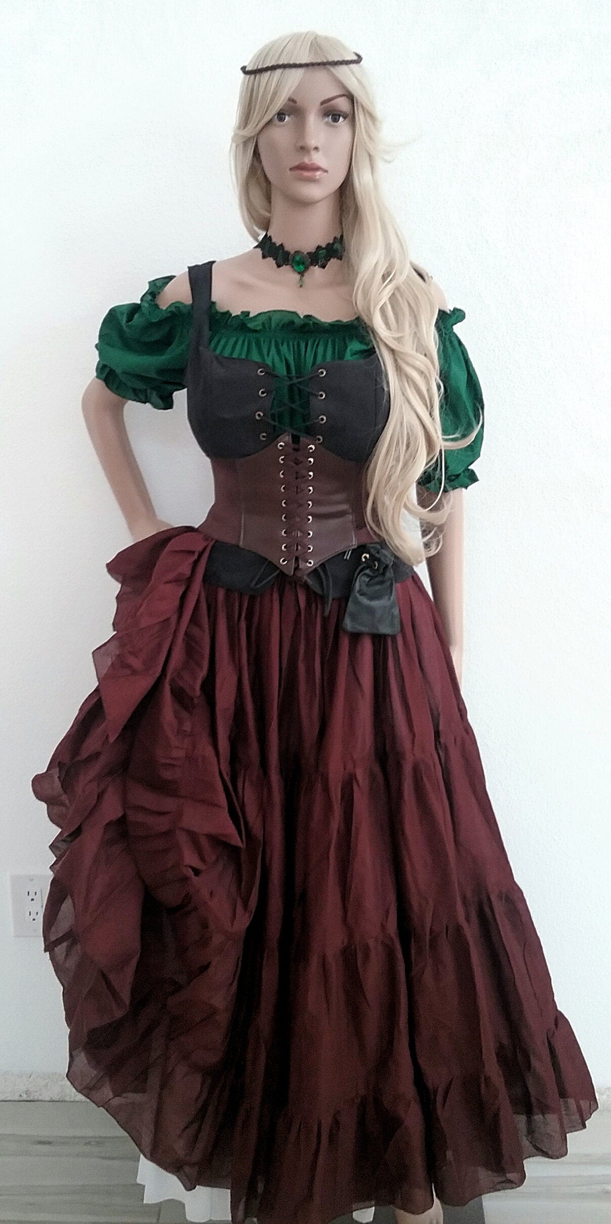 Pirate Dress Elvin Pixie Fairy Chemise Bodice Corset Skirt Renaissance Huntress Costume Cospaly Halloween Brown