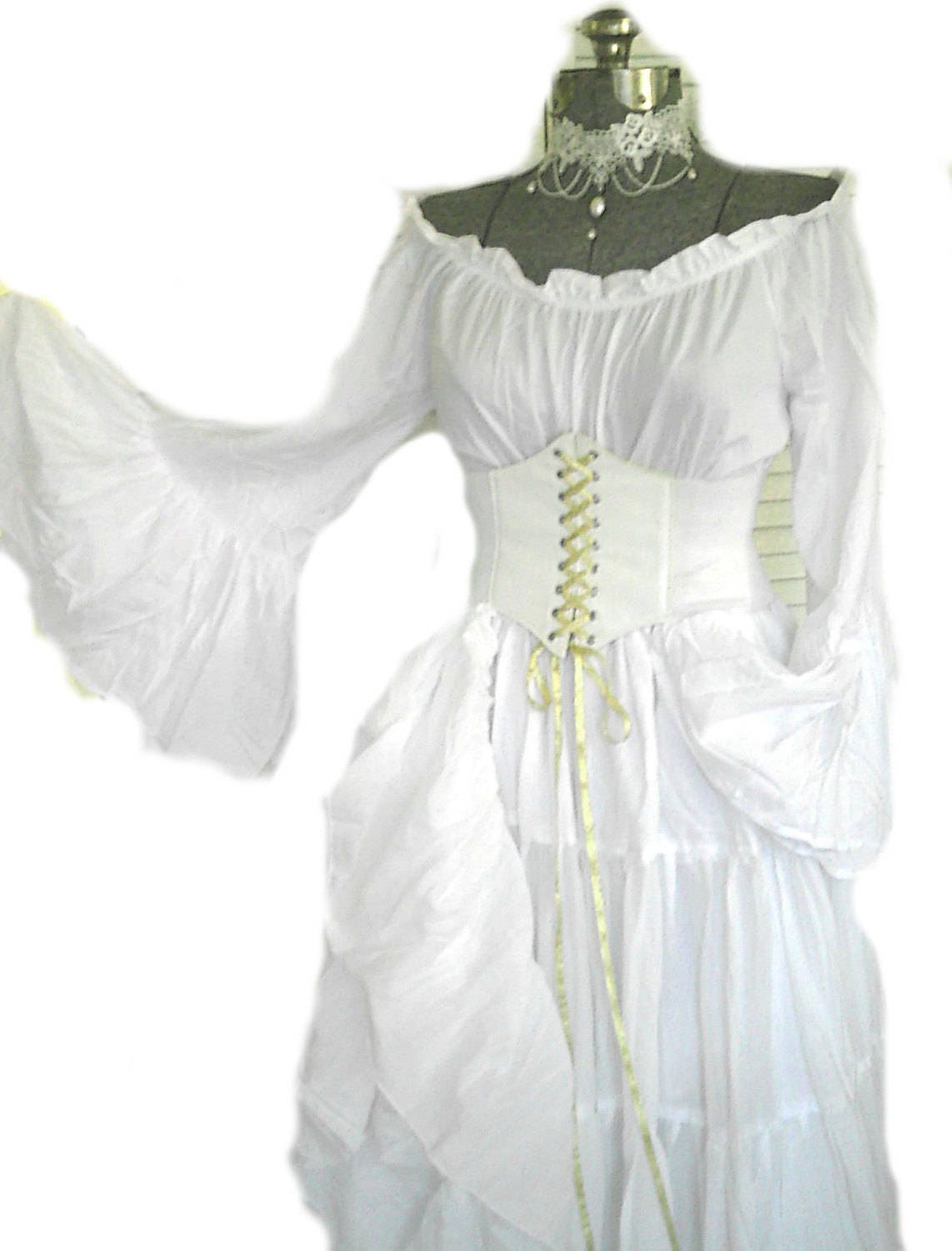 Plus White Renaissance Dress Wedding Gown Corset Chemise Pirate Medieval LARP Wench Costume