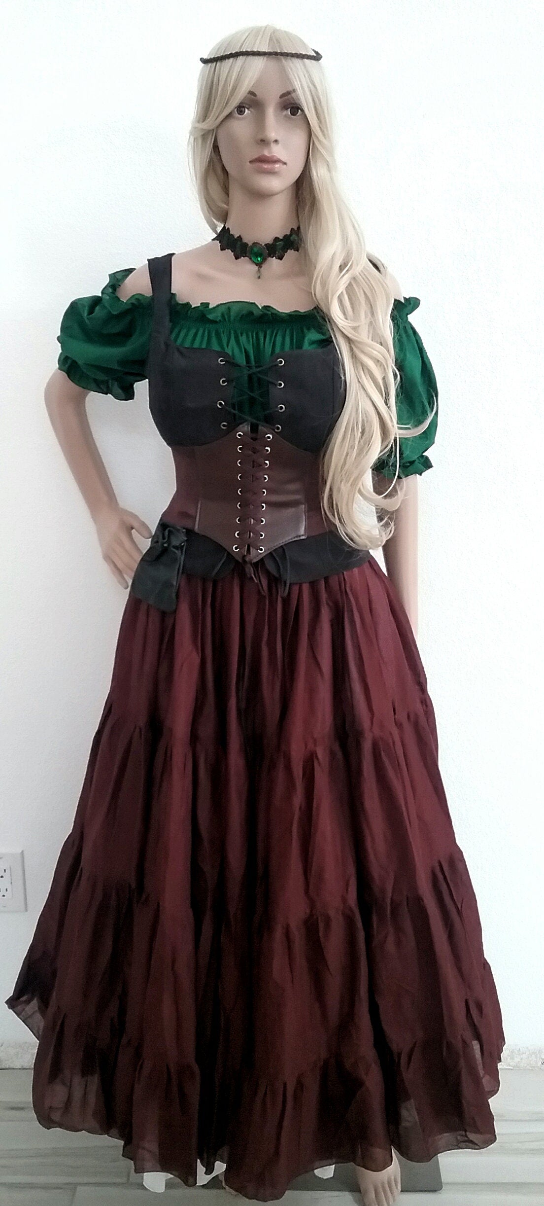 Pirate Dress Elvin Pixie Fairy Chemise Bodice Corset Skirt Renaissance Huntress Costume Cospaly Halloween Brown