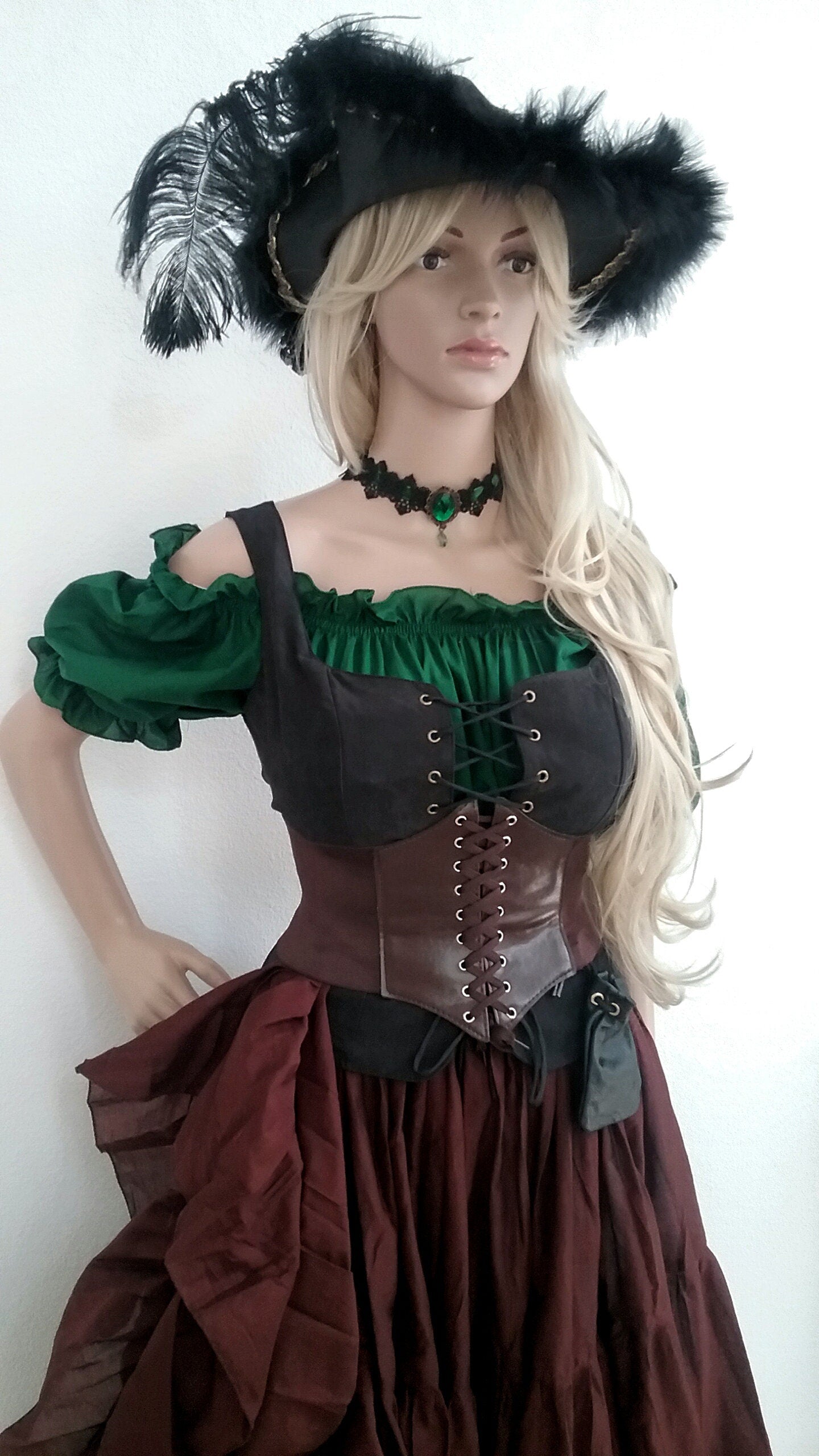 Pirate Dress Elvin Pixie Fairy Chemise Bodice Corset Skirt Renaissance Huntress Costume Cospaly Halloween Brown