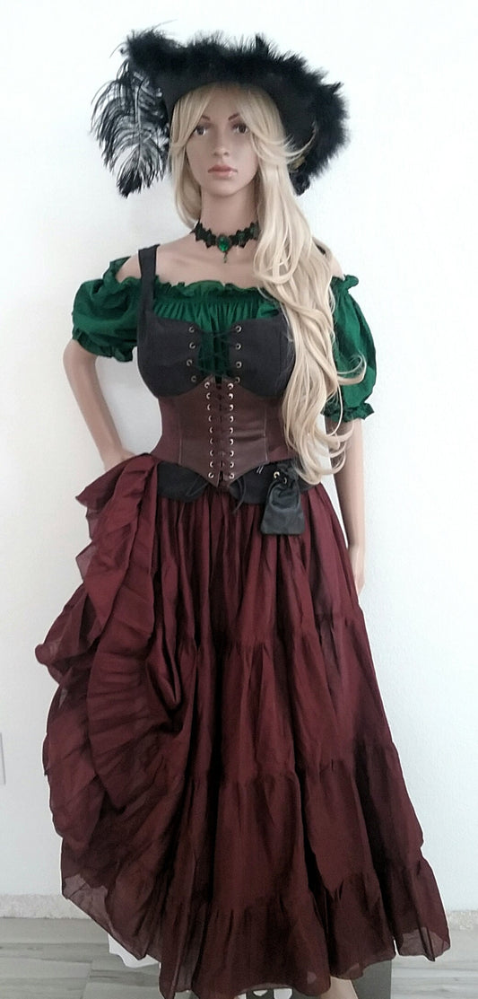 Pirate Dress Elvin Pixie Fairy Chemise Bodice Corset Skirt Renaissance Huntress Costume Cospaly Halloween Brown