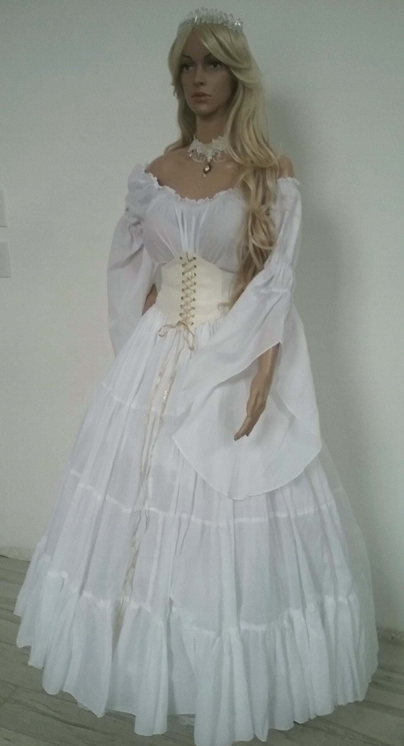 White Renaissance Dress Wedding Gown Corset Chemise Pirate Medieval LARP Wench Costume